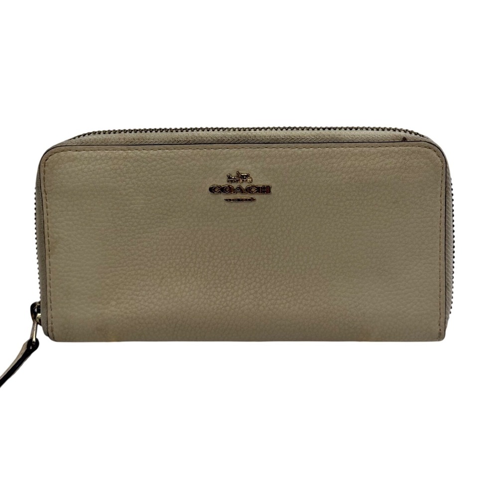 Coach Accordion Zip Wallet Pebbled Leather Beige Gold Hardware Horse & Carriage